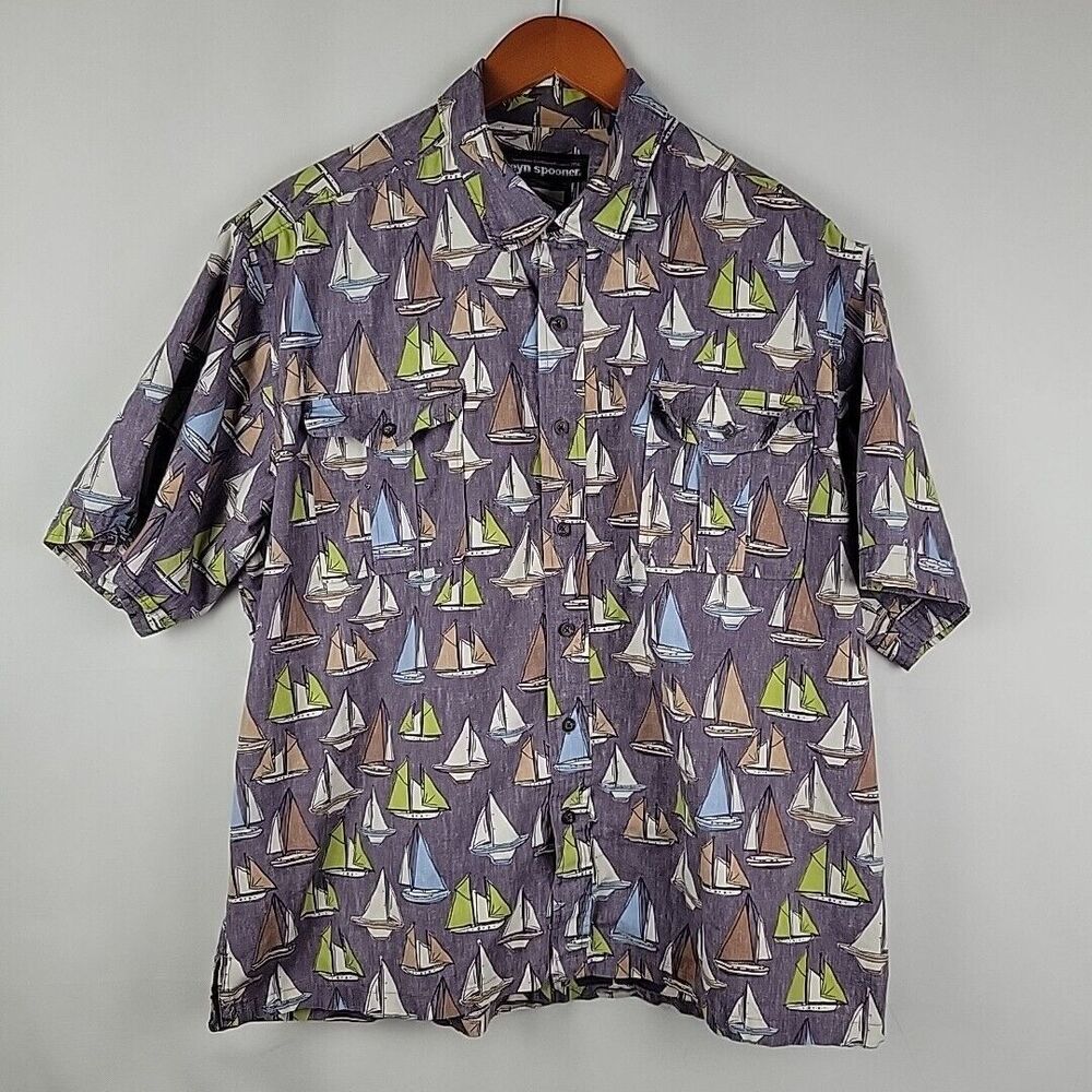 Reyn Spooner Button Shirt Mens XXL Purple Sailing Boats Hawaiian Aloha Travel
